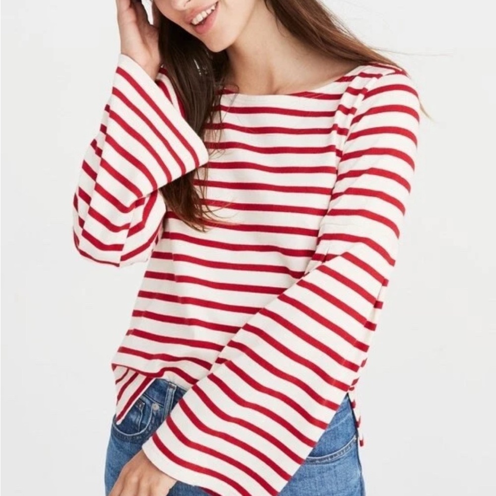 Madewell x Armor Lux Shirt Women’s Long Sleeve Small Red Ivory Striped Mariniere